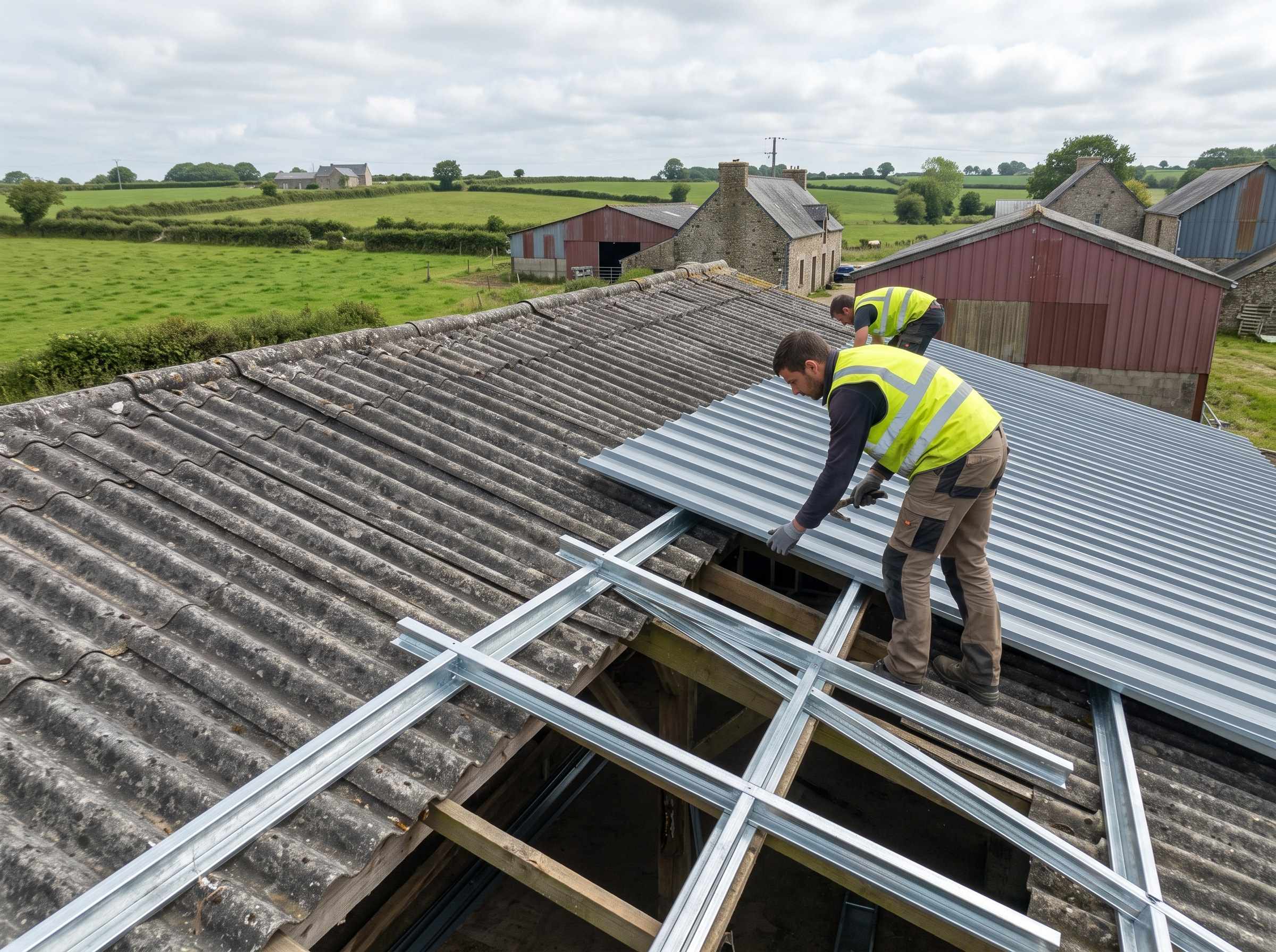 Bâtiment d'élevage laitier avec toiture bac acier près de Carhaix-Plouguer