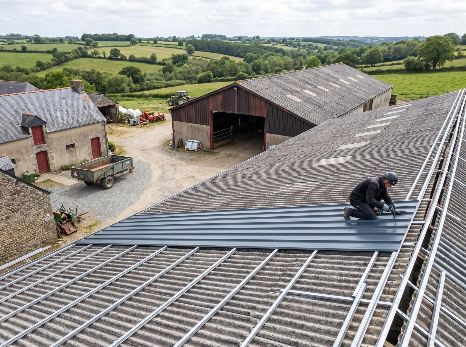 Stabulation avec toiture bac acier dans la campagne agricole autour de Josselin