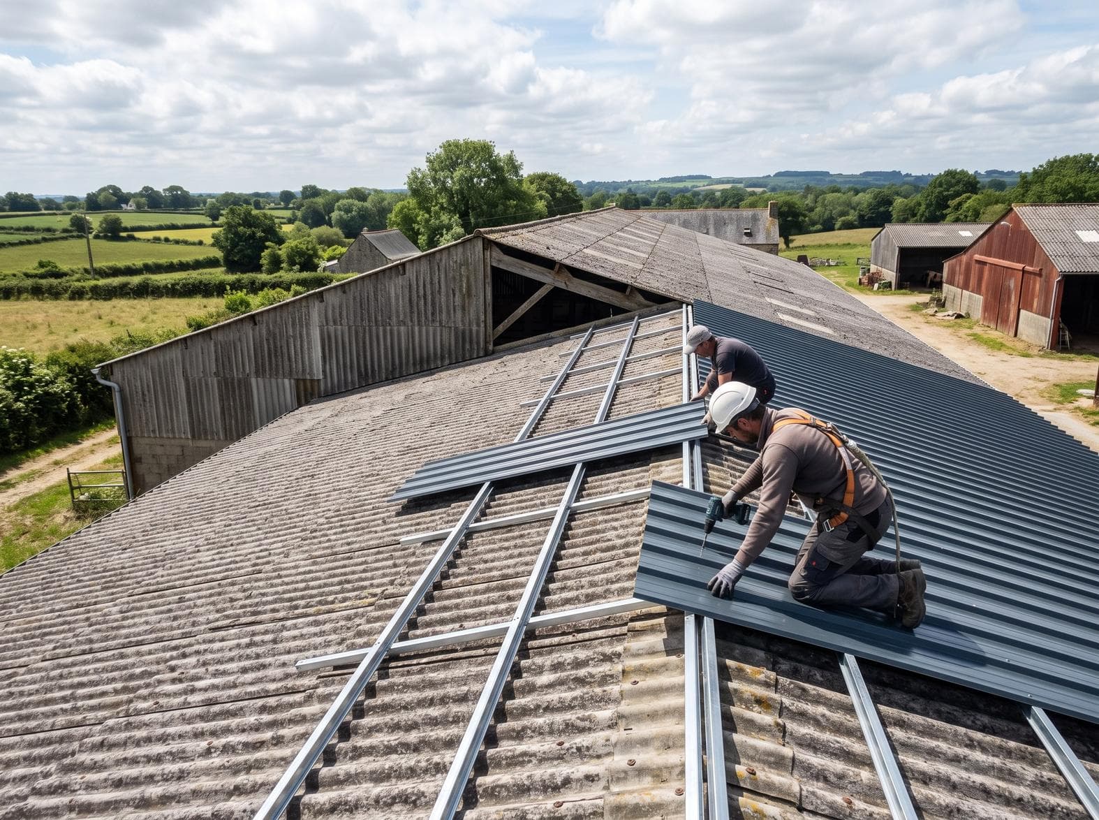 Bâtiment agricole avec toiture bac acier dans la campagne autour de Loudéac