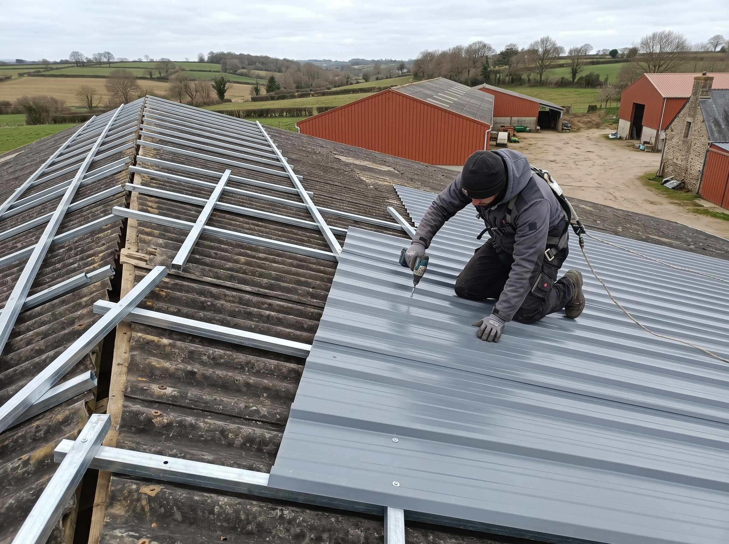 Bâtiment avicole avec toiture bac acier récemment posée près de Pontivy