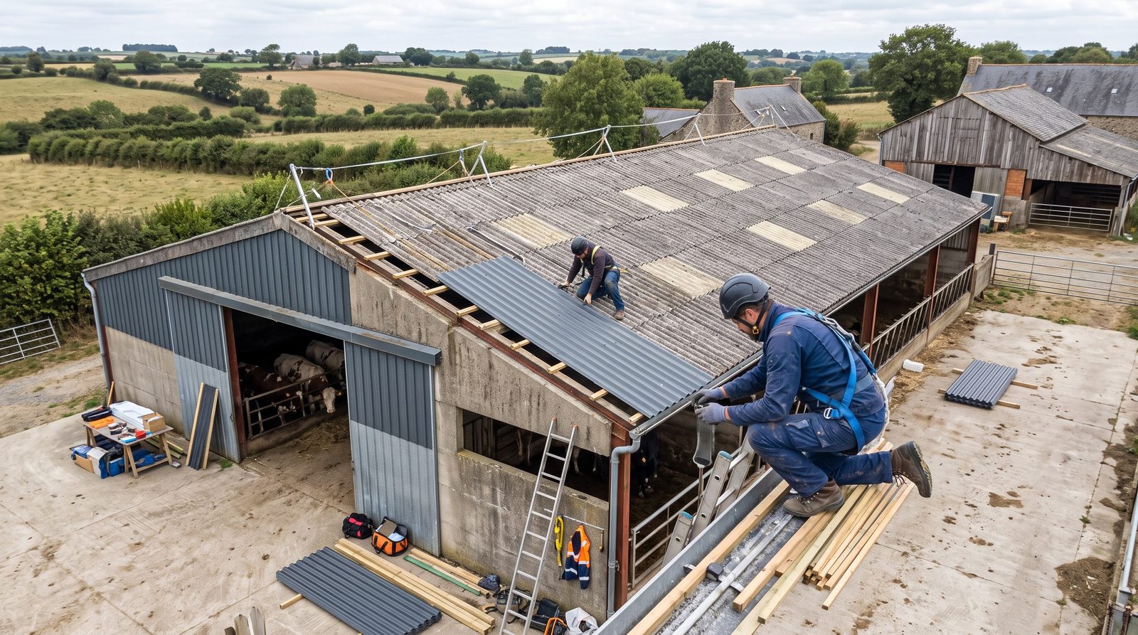 Intervention en toiture sur un bâtiment d'élevage agricole en activité, chantier de couverture
