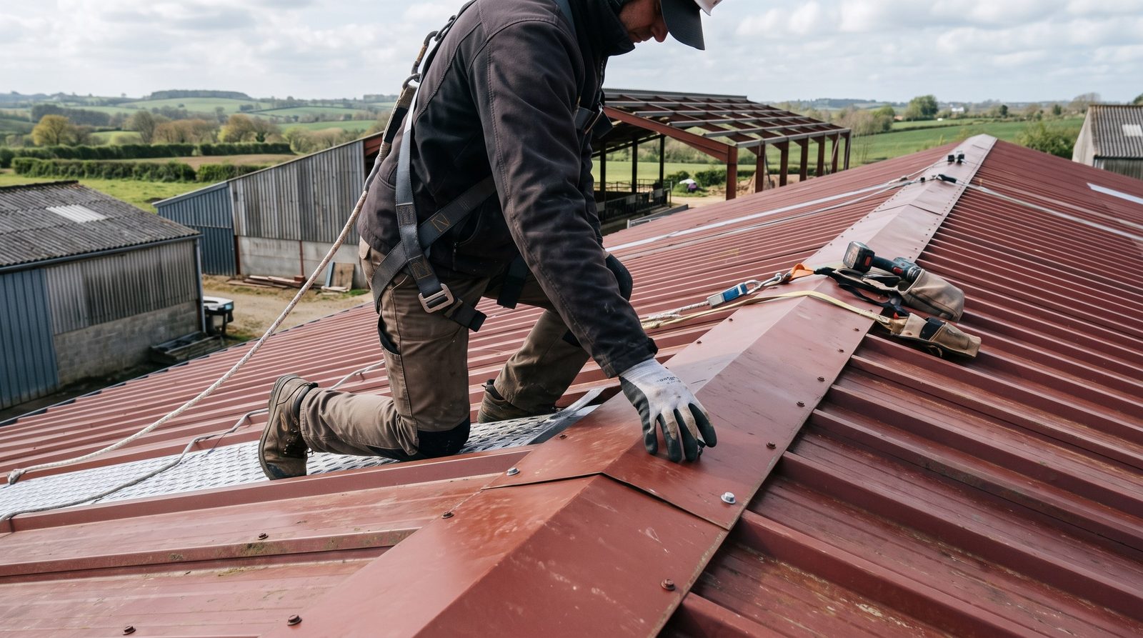 Examen des fixations et de l'état d'une toiture bac acier de bâtiment agricole