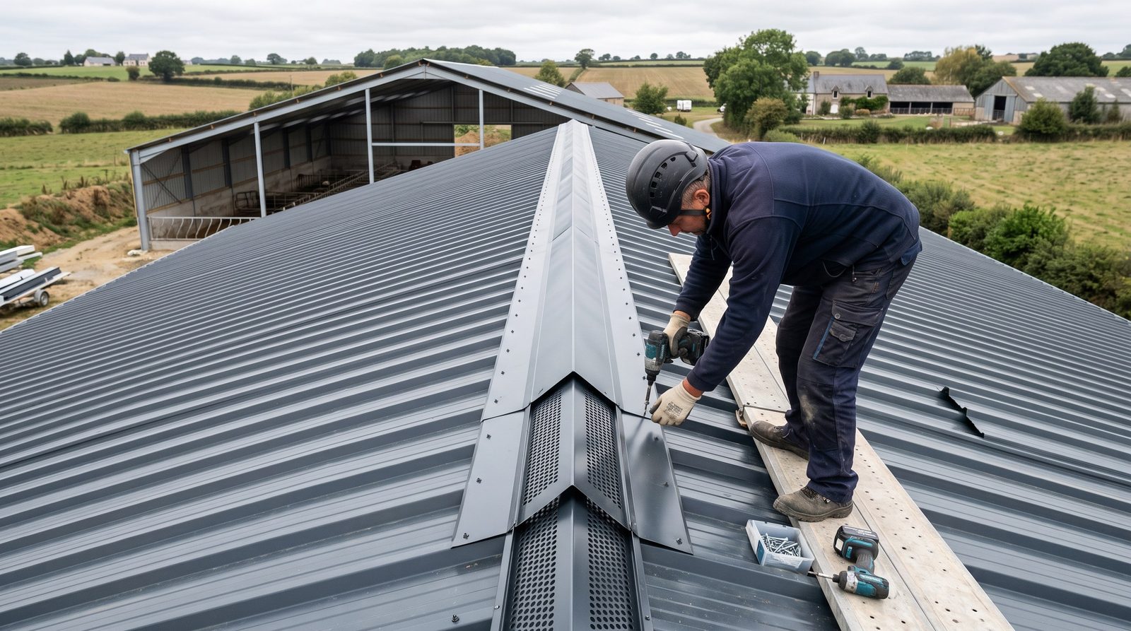 Détail du faîtage ventilé au sommet d'une toiture bac acier de bâtiment agricole
