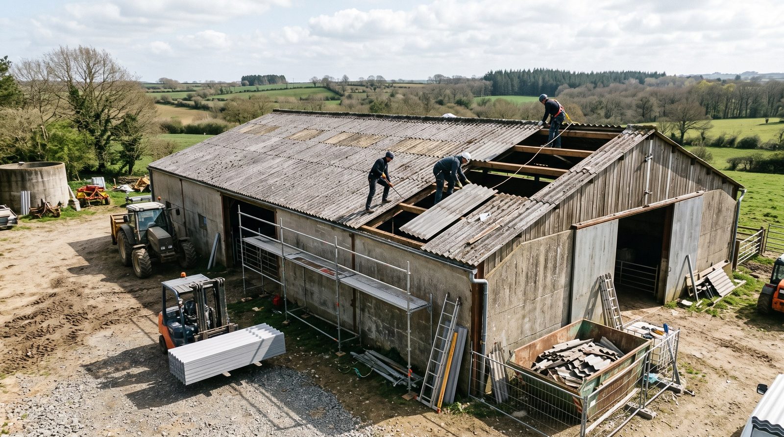 Vue d'un chantier de couverture agricole, toiture fibrociment existante avant intervention