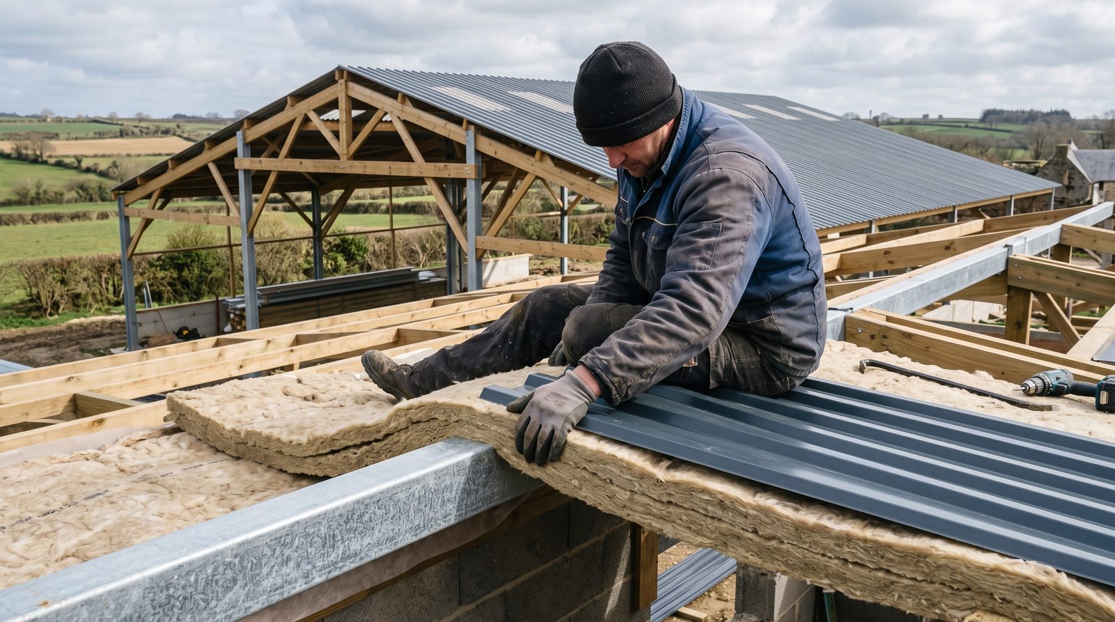 Détail de la lame d'isolant posée entre l'ossature secondaire et le bac acier d'un bâtiment agricole