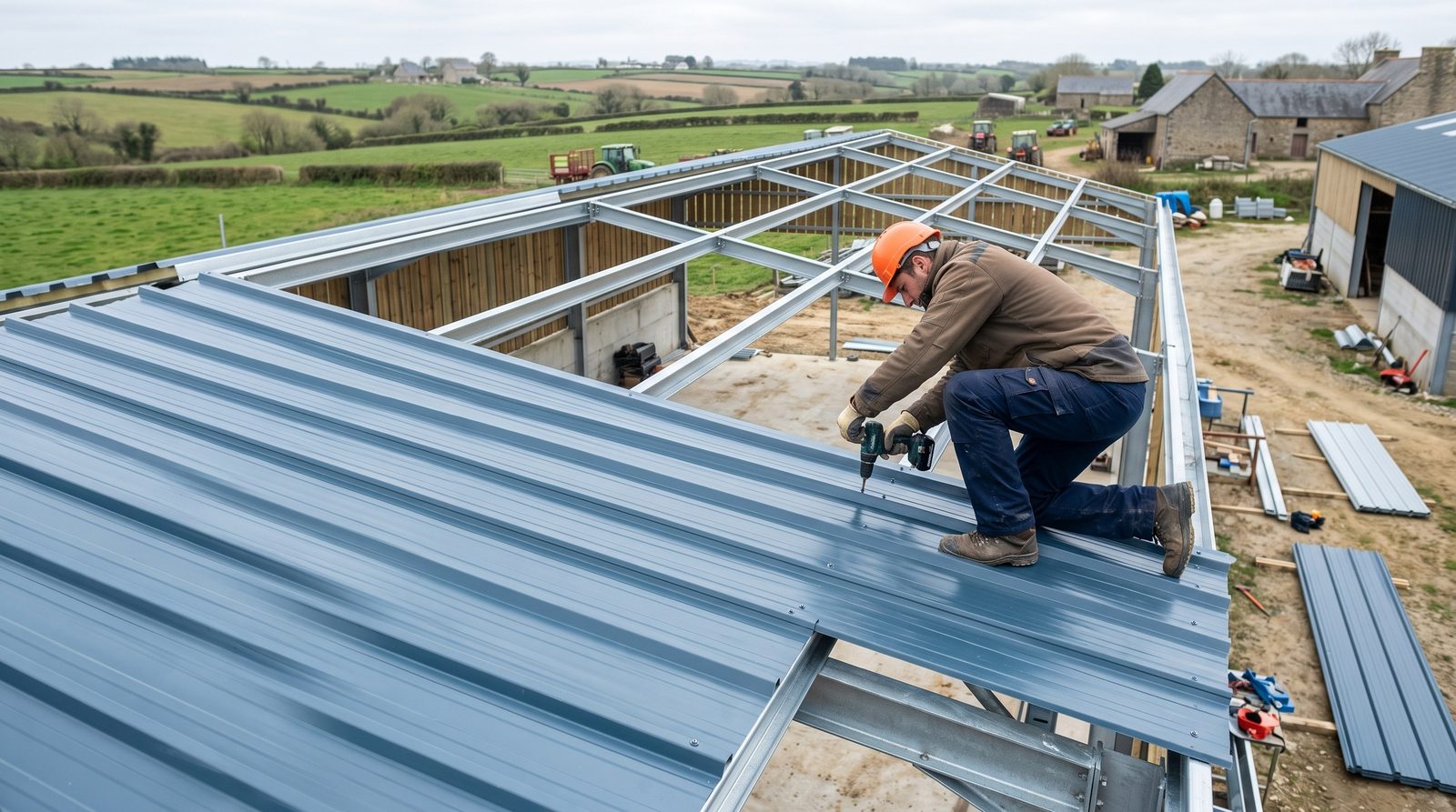 Pose de bac acier sur ossature secondaire, fixation en cours sur un bâtiment agricole