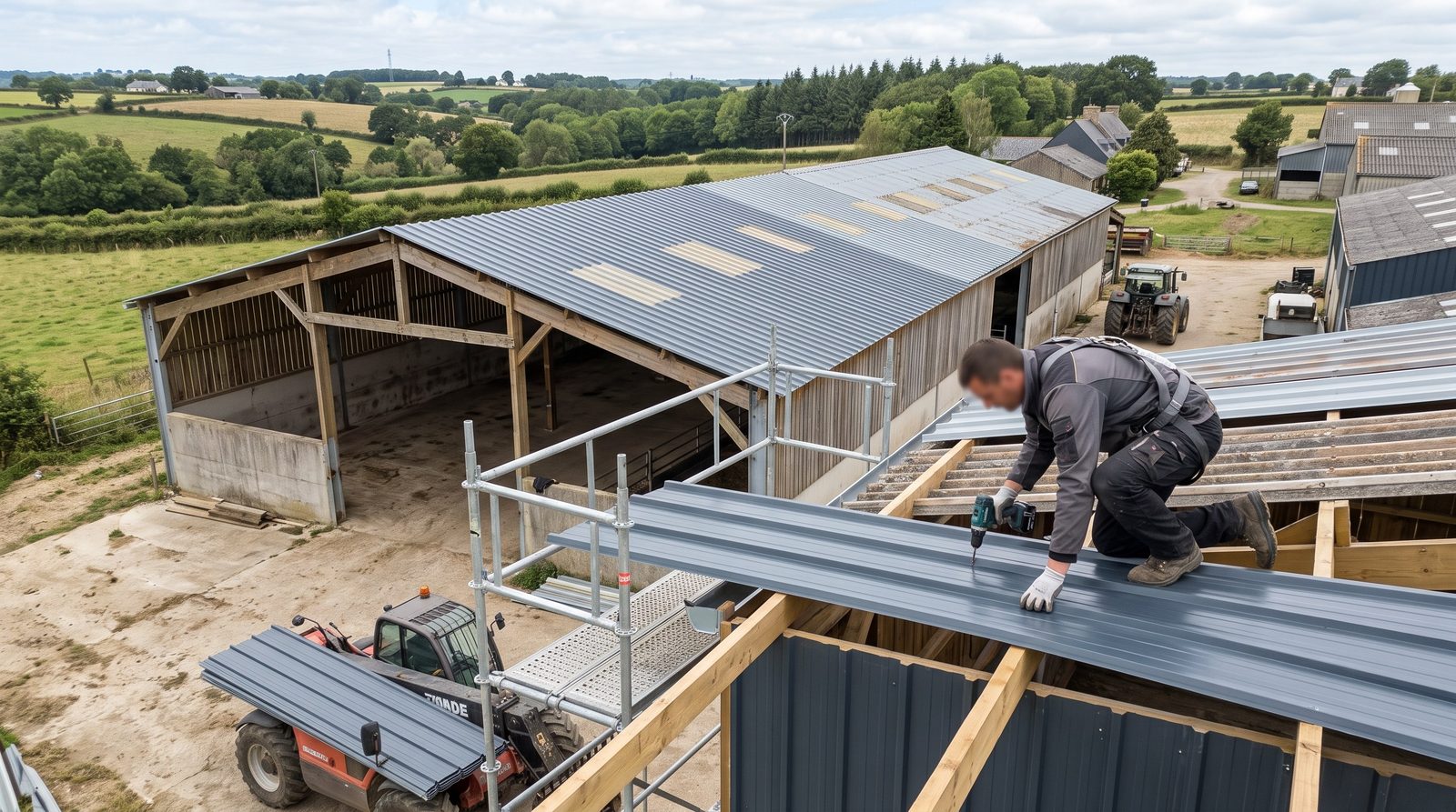Chantier de toiture agricole en cours, pose de bac acier sur un bâtiment d'élevage
