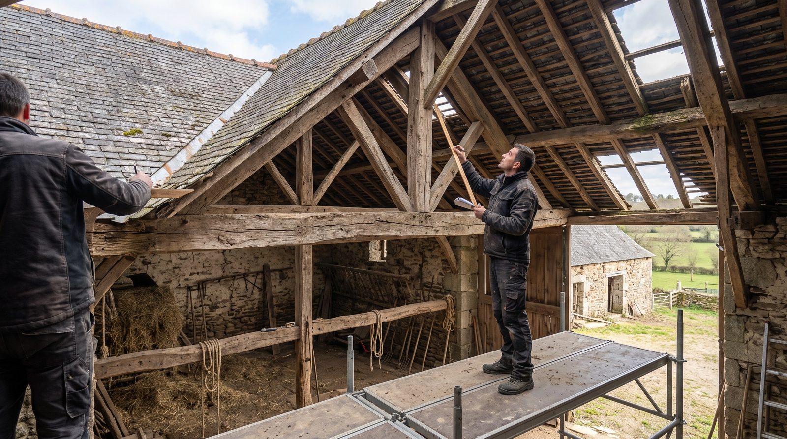 Examen de l'état d'une charpente ancienne avant travaux de toiture sur un bâtiment agricole